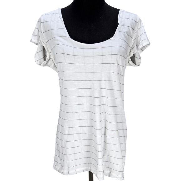 Theory Tops - Women's Theory Large White Striped Scoop Neck Short Sleeve Cotton Shirt Preppy